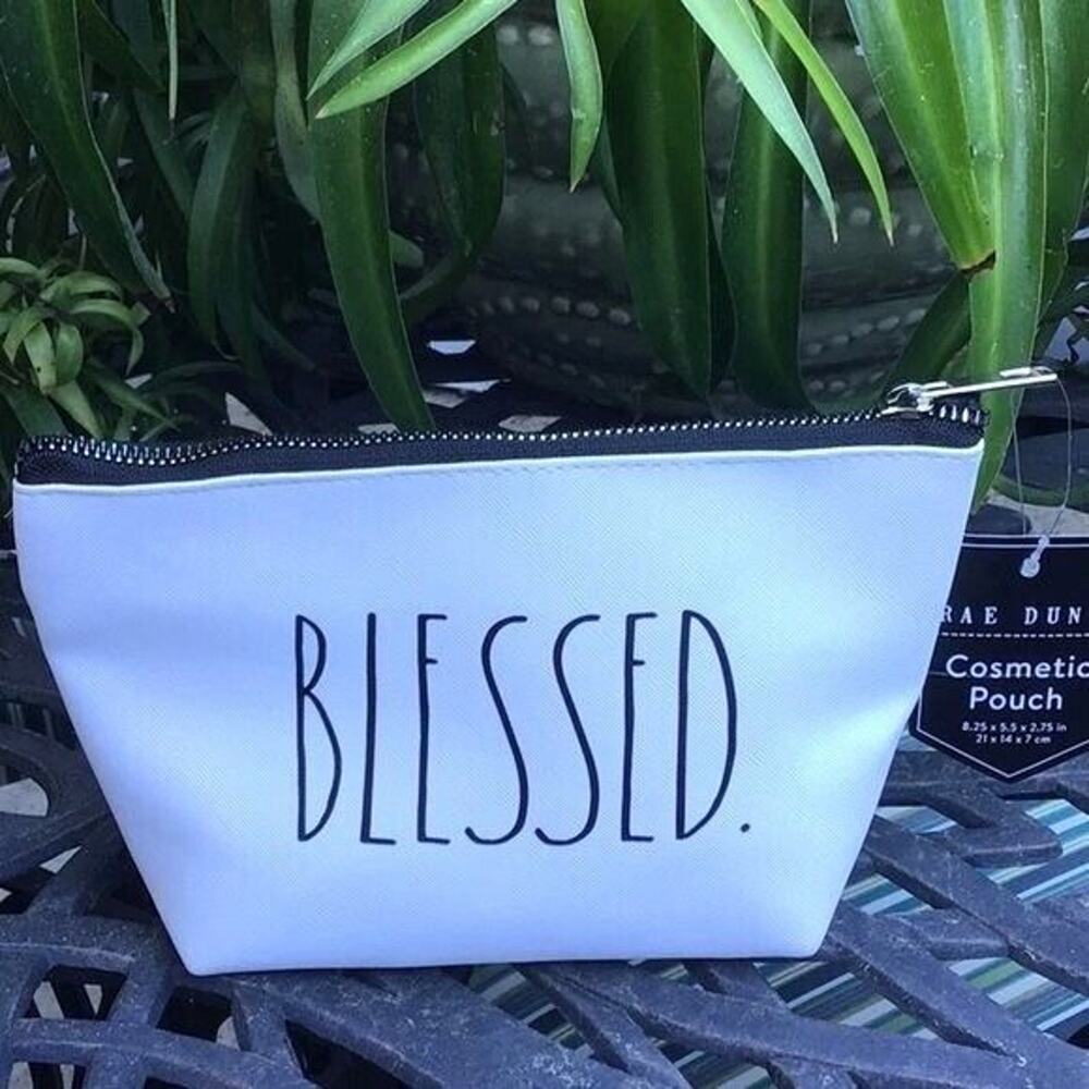 Rae Dunn “BLESSED” Inscribed Womens Cosmetics Pouch Bag White. 8" x 5" x 2.5"
